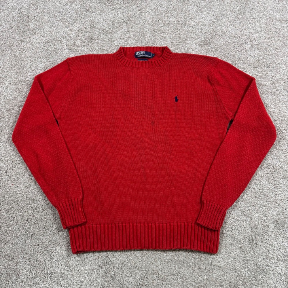 Vintage Polo Ralph Lauren Mens Red 100% Cotton Crewneck Sweater Large Pony Logo